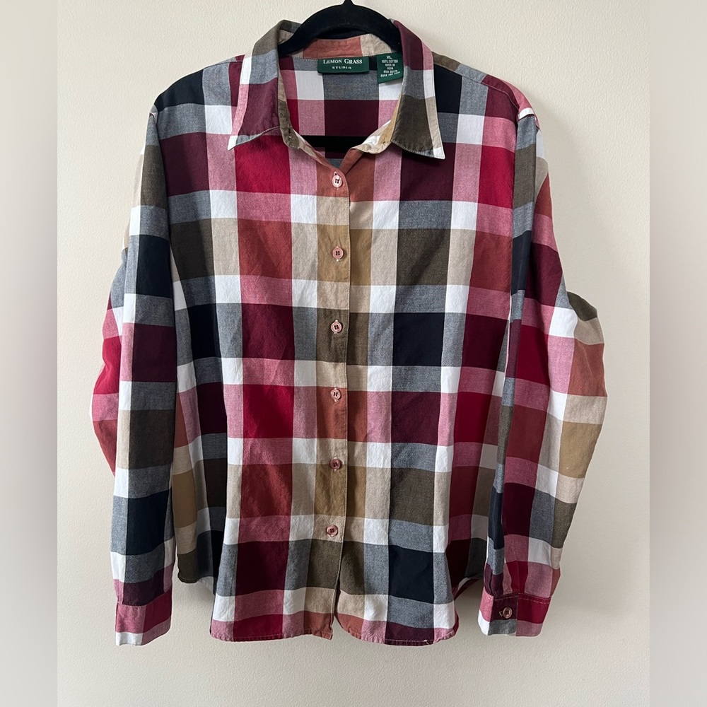 Lemon Grass Studio Plaid Button-Up Shirt Women XL Long Sleeve Lightweight Cotton